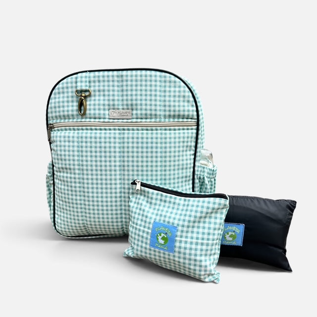 Mochila Materna cuadrlle menta (Lona repelente al agua + Estuche + Mudador acolchado impermeable GRATIS