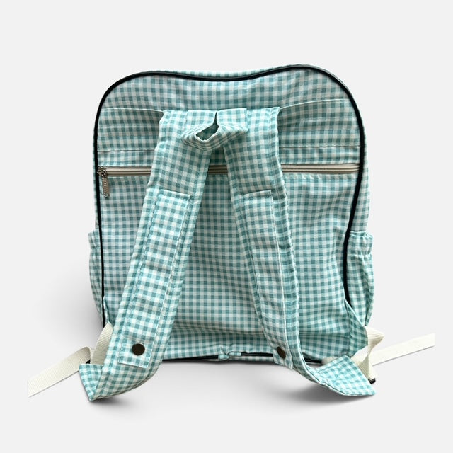 Mochila Materna cuadrlle menta (Lona repelente al agua + Estuche + Mudador acolchado impermeable GRATIS