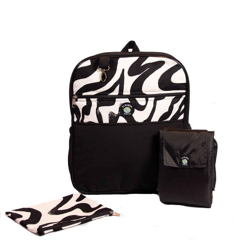 Mochila Maternal Negro Softshell Cebra + Estuche + Mudador acolchado impermeable GRATIS