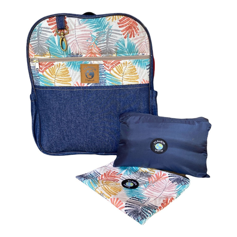Mochila Maternal Vintage Mezclilla  + Estuche + Mudador acolchado impermeable GRATIS